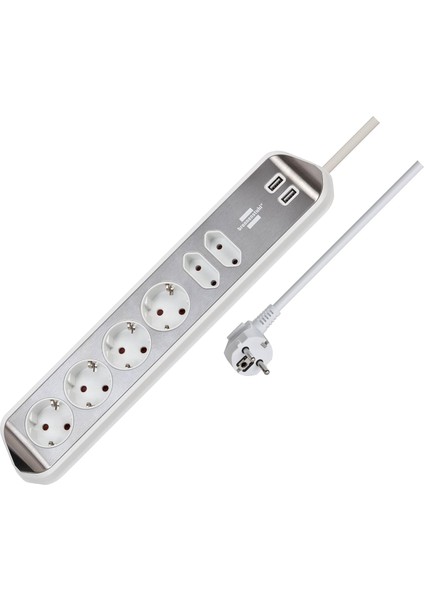 Estilo Köşe Priz Çubuğu 6'lı (Mutfak/ofis İçin Paslanmaz Çelik Yüzeyli Masa Prizi, 4 x Topraklı Priz, 2 x Avrupa Priz, 2 x Usb) Gümüş/beyaz