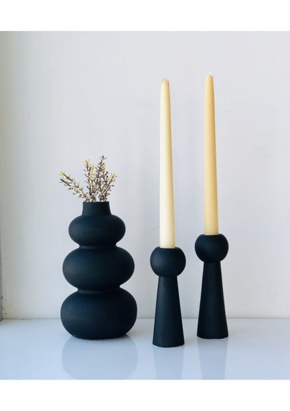 Siyah Siyah Bubble Vazo & Bubble 2’li Mumluk Set Beton