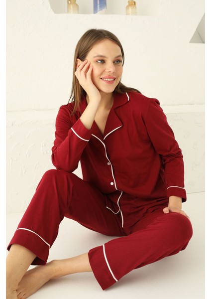 Yıkamalı Koyu Bordopamuklu Düğmeli Biyeli Pijama Takım 2 Parça 21 - 40 Yaş Pamuklu Uzun 2'li Basic