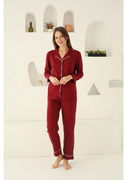 Yıkamalı Koyu Bordopamuklu Düğmeli Biyeli Pijama Takım 2 Parça 21 - 40 Yaş Pamuklu Uzun 2'li Basic fiyatları