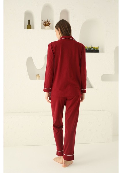Yıkamalı Koyu Bordopamuklu Düğmeli Biyeli Pijama Takım 2 Parça 21 - 40 Yaş Pamuklu Uzun 2'li Basic modelleri