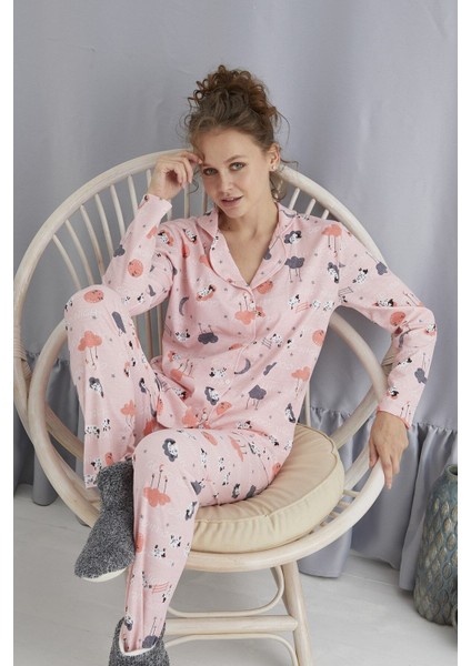 Standart Düğmeli Pijama Takım Desenli %100 Pamuk Homewear Boru Paça Pembe 100% Pamuk Kısa Kol Loung fiyatları