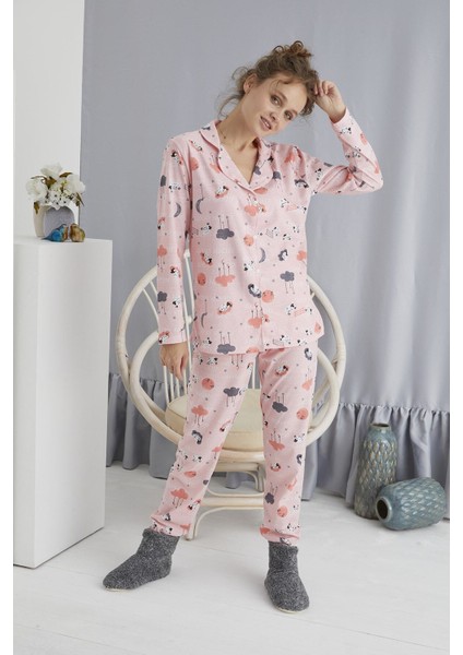 Standart Düğmeli Pijama Takım Desenli %100 Pamuk Homewear Boru Paça Pembe 100% Pamuk Kısa Kol Loung modelleri