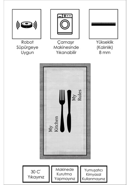 Makinede Yıkanabilir Kaymaz Taban Leke Tutmaz Gri Mutfak Halısı Mutfak Kesme Yolluk