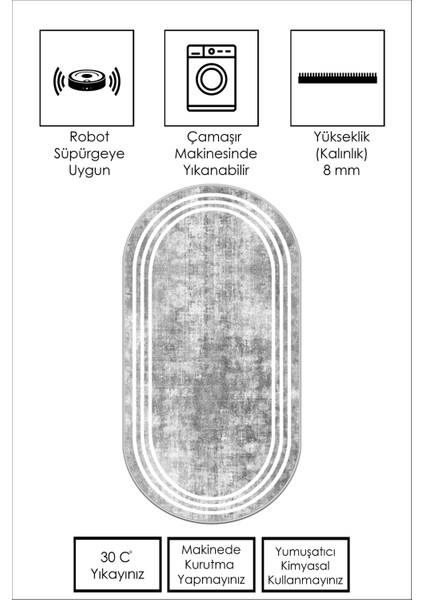 Makinede Yıkanabilir Kaymaz Taban Leke Tutmaz Oval Yolluk Ev Dekorasyonu Için Gri Kesme Yolluk
