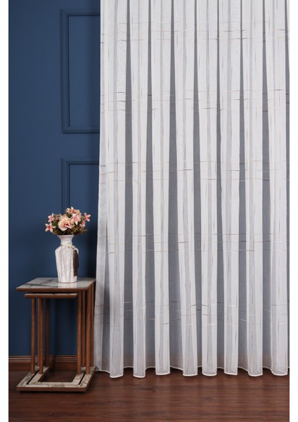 Bambu Zemin Ekru-Sütlükahve Geometri Nakış Işlemeli Tül Perde (1/2,5 Normal Pile) fiyatları