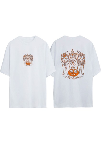 Unisex Cadılar Bayranı Kedileri Tasarım Baskılı Pamuk Beyaz Oversize T-Shirt