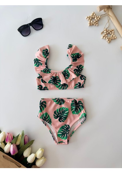 Yaprak Desen Volanlı Kız Çocuk Mayo - Pembe