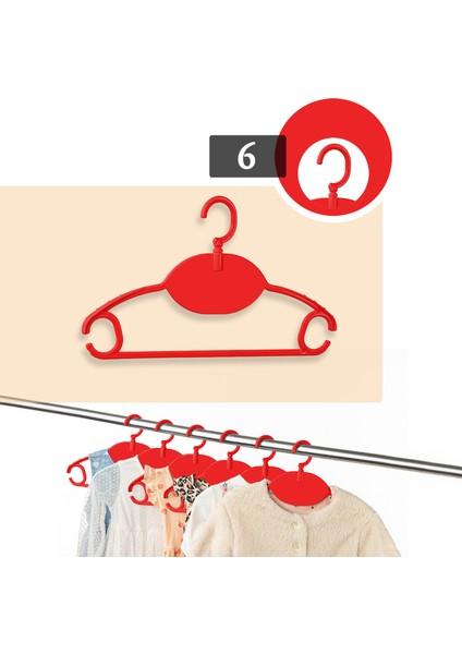 6 Adet Bebek Kıyafet Askısı - 360 Derece Dönebilen Plastik Çocuk Elbise Askısı - Kırmızı
