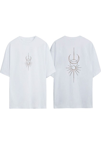 Unisex Güneş ve Ay Sembolu Tasarım Baskılı Pamuk Beyaz Oversize T-Shirt