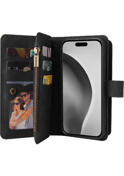 Kart Yuvası Standı ile IPhone 16 Pro Max Fermuar Poket Için Cüzdan Telefon Kılıfı (Yurt Dışından)