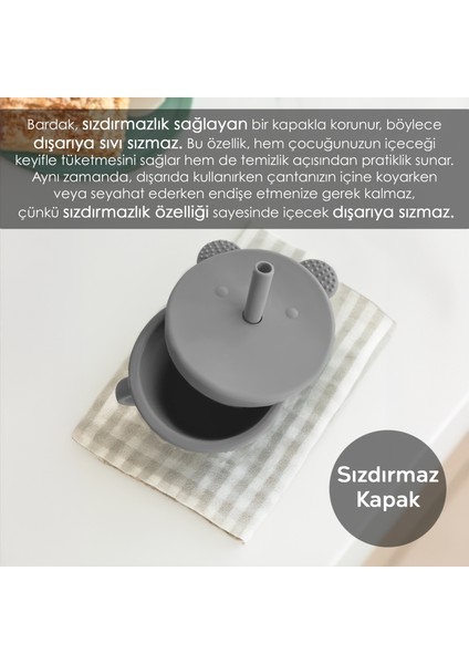 Meleni Baby Sızdırmaz Kapaklı ,silikon Pipetli Bebek Alıştırma Bardağı , Silikon Bebek Beslenme Aksesuarı - Gri