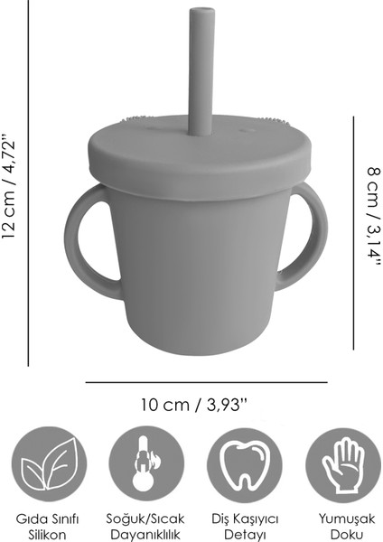 Meleni Baby Sızdırmaz Kapaklı ,silikon Pipetli Bebek Alıştırma Bardağı , Silikon Bebek Beslenme Aksesuarı - Gri