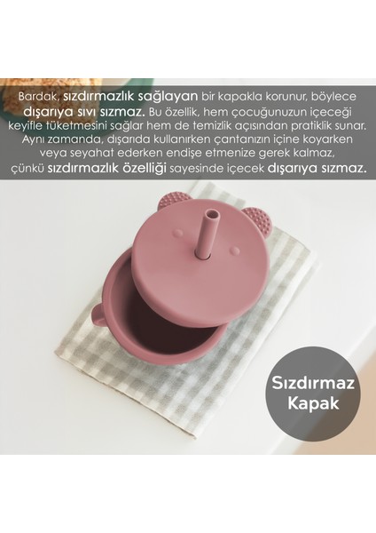 Meleni Baby Sızdırmaz Kapaklı , Silikon Pipetli Bebek Alıştırma Bardağı, Silikon Bebek Beslenme Bardağı- Pembe