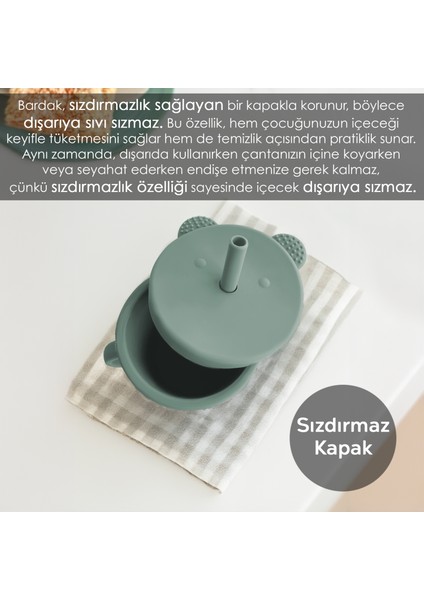 Meleni Baby Sızdırmaz Kapaklı , Silikon Pipetli Bebek Alıştırma Bardağı, Silikon Bebek Beslenme Bardağı- Yeşil