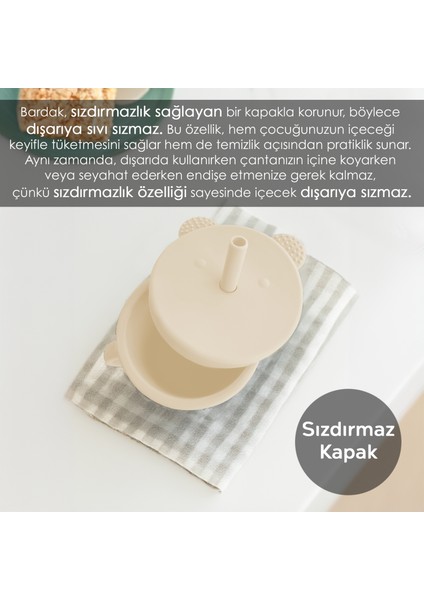 Meleni Baby Sızdırmaz Kapaklı , Silikon Pipetli Bebek Alıştırma Bardağı, Silikon Bebek Beslenme Bardağı- Bej