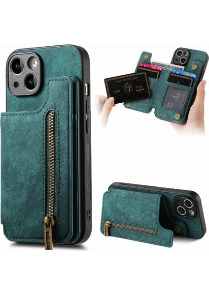 IPhone 14 Için Kılıf Katlanabilir Arka Kapak Standı Fonksiyonu Vintage Fermuar Cüzdan (Yurt Dışından)