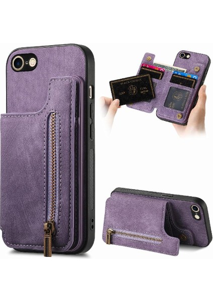 IPhone 7/8 Için Kılıf Vintage Fermuar Cüzdan Standı Fonksiyonu Katlanabilir Geri (Yurt Dışından)
