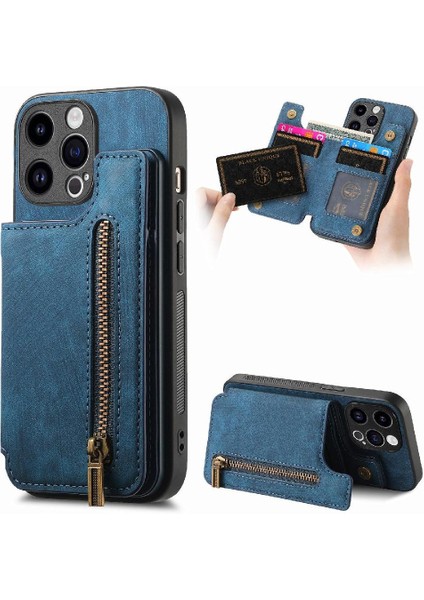 IPhone 15 Için Kılıf Pro Max Vintage Fermuar Cüzdan Standı Fonksiyonu Katlanabilir (Yurt Dışından)