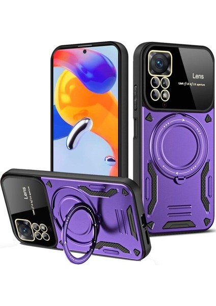 Xiaomi Redmi Note 11 Pro Uyumlu Kılıf Magsafe Standlı Kamera Lens Korumalı Kılıf Dayanıklı Renkli Tank Kapak Sert Silikon Zırhlı Arka Kapak