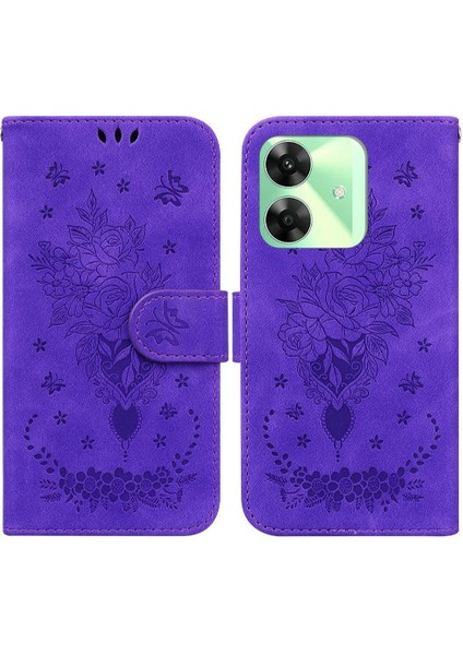 Realme C61 Kickstand Kabartma Gül Çiçekler Flip Pu Deri Kapak Için Kılıf (Yurt Dışından)