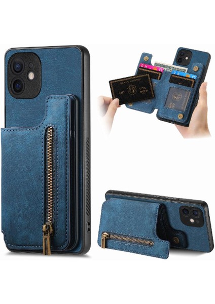 IPhone 12 Için Kılıf Katlanabilir Arka Kapak Vintage Fermuar Cüzdan Standı Fonksiyonu (Yurt Dışından)