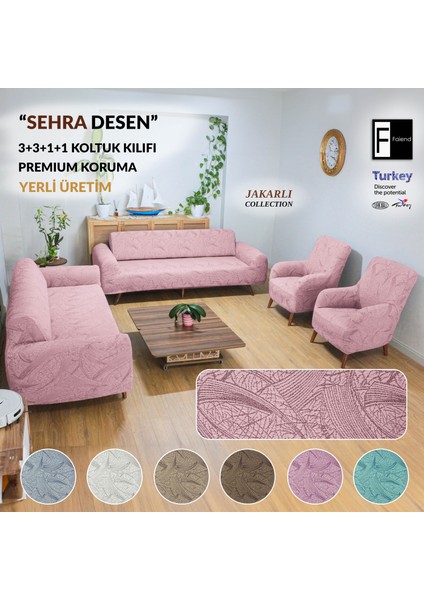 Koltuk Kılıfı Sehra Desen Kanepe Takımı Kılıfı 3+3+1+1 Koltuk Örtüsü Lastili Esnek Yıkanabilir Pembe Kanepe örtüsü
