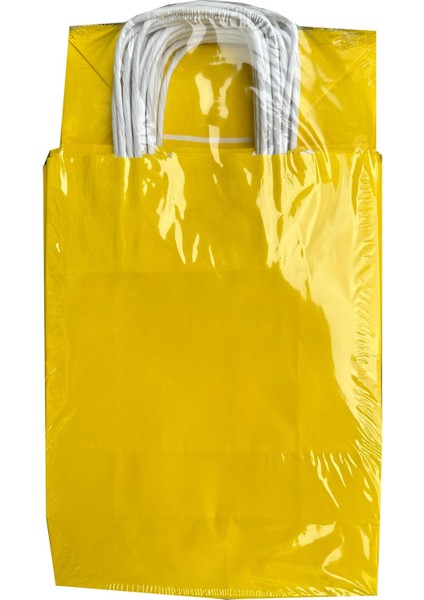 Büküm Saplı Kraft Kağıt Çanta Karton Hediyelik Poşet Torba - Sarı - 18X24 Cm. -25 Adetlik 4 Paket