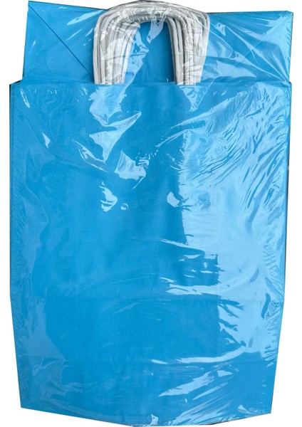 Büküm Saplı Kraft Kağıt Çanta Karton Hediyelik Poşet Torba - Mavi 2 - 18X24 Cm. - 25 Adetlik 2 Paket