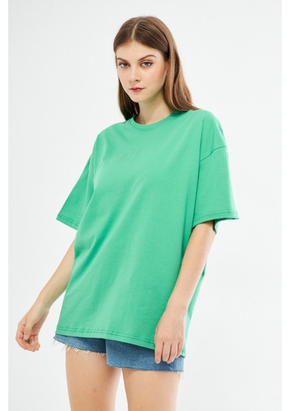 Unisex Yeşil Pamuklu Bisiklet Yaka Oversize Bol Boyfriend Örme T-Shirt fiyatları