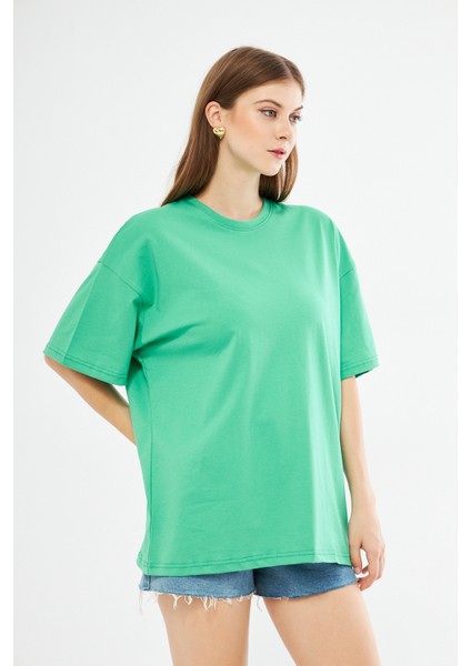 Unisex Yeşil Pamuklu Bisiklet Yaka Oversize Bol Boyfriend Örme T-Shirt modelleri