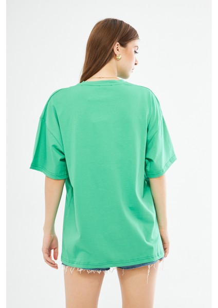 Unisex Yeşil Pamuklu Bisiklet Yaka Oversize Bol Boyfriend Örme T-Shirt fırsatları