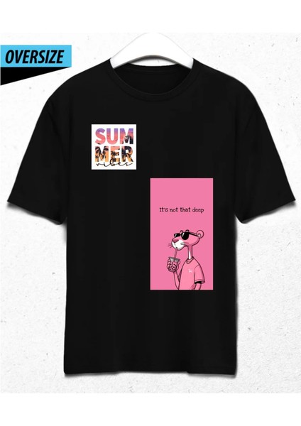 Pink Panther Holiday Oversize Siyah Tişört (S Beden)