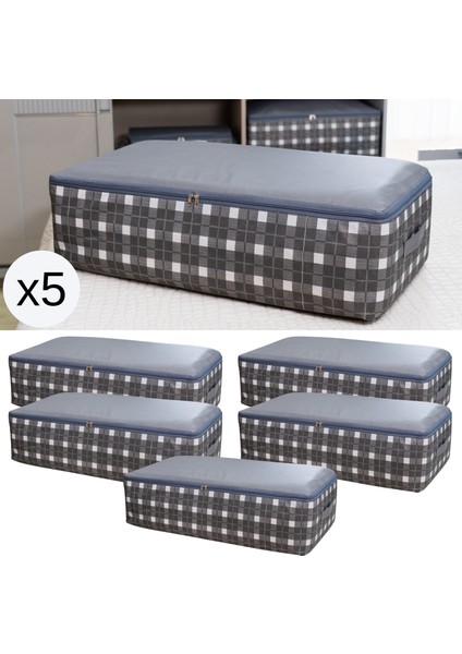 5 Adet Mega Boy Kare Desenli Ekose Gri Baza Altı Düzenleyici Yastık Yorgan Kıyafet Hurcu 75X40X20 cm