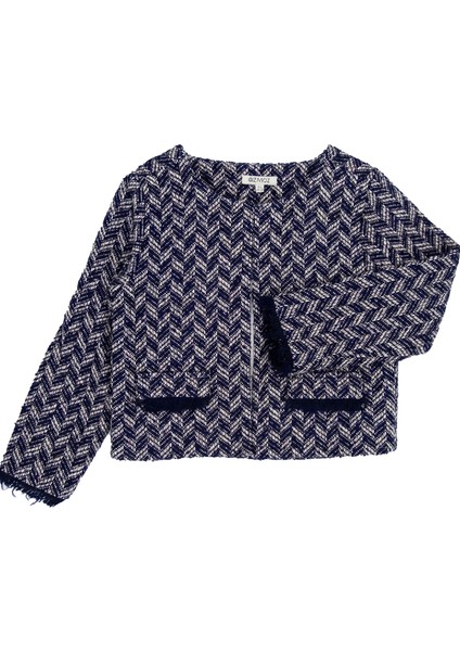 Lacivert Tweed Kumaş Kışlık Kız Çocuk Bolero Ceket