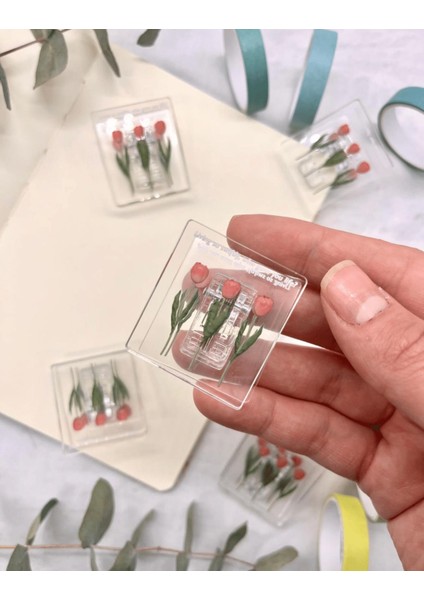 Şeffaf Pembe Lale Desenli Çok Fonksiyonlu Fotoğraf Klipsi/Fotoğraf Mandalı /Ataş / Kitap Ayracı