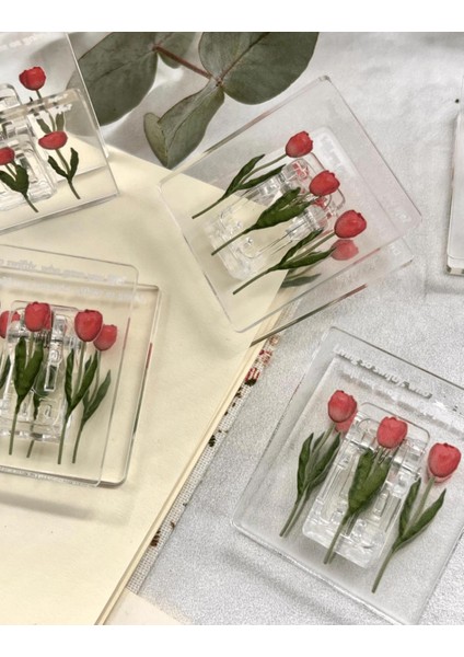 Şeffaf Pembe Lale Desenli Çok Fonksiyonlu Fotoğraf Klipsi/Fotoğraf Mandalı /Ataş / Kitap Ayracı fiyatları