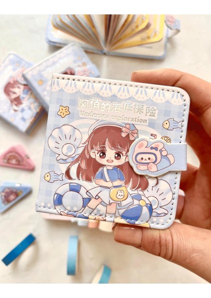 Kawaii Sevimli Kız Denizaltı Keşfi Mavi Renkli Desenli 256 Sayfa Mini Defter / Mıknatıslı Ajanda