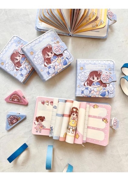 Kawaii Sevimli Kız Denizaltı Keşfi Mavi Renkli Desenli 256 Sayfa Mini Defter / Mıknatıslı Ajanda