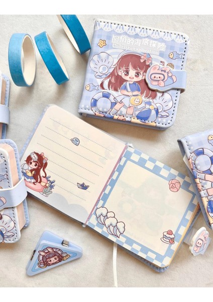 Kawaii Sevimli Kız Denizaltı Keşfi Mavi Renkli Desenli 256 Sayfa Mini Defter / Mıknatıslı Ajanda