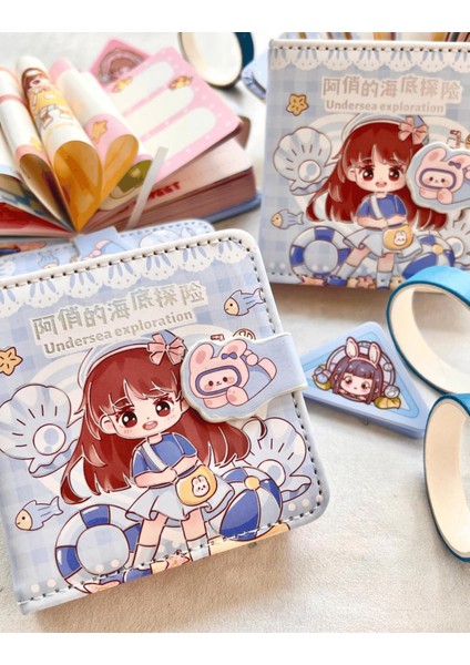 Kawaii Sevimli Kız Denizaltı Keşfi Mavi Renkli Desenli 256 Sayfa Mini Defter / Mıknatıslı Ajanda