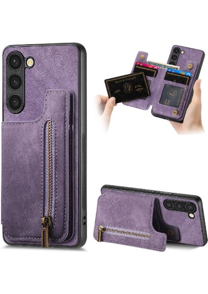 Samsung Galaxy S23 Vintage Fermuar Cüzdan Için Kılıf Katlanabilir Arka Kapak (Yurt Dışından)