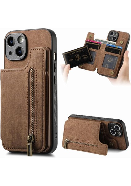 IPhone 15 Için Kılıf Artı Standı Fonksiyonu Vintage Fermuar Cüzdan Katlanabilir Geri (Yurt Dışından)