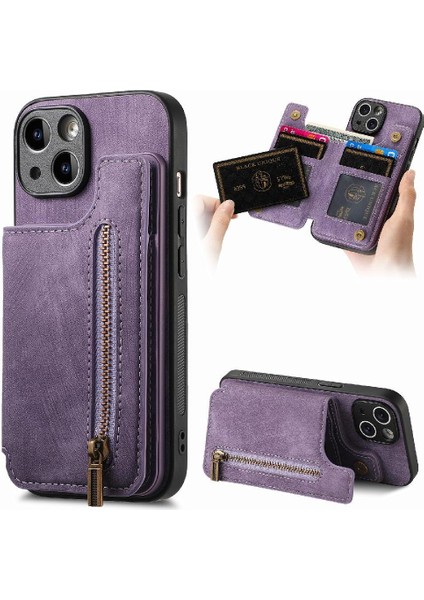 IPhone 15 Için Kılıf Katlanabilir Arka Kapak Vintage Fermuar Cüzdan Standı Fonksiyonu (Yurt Dışından)