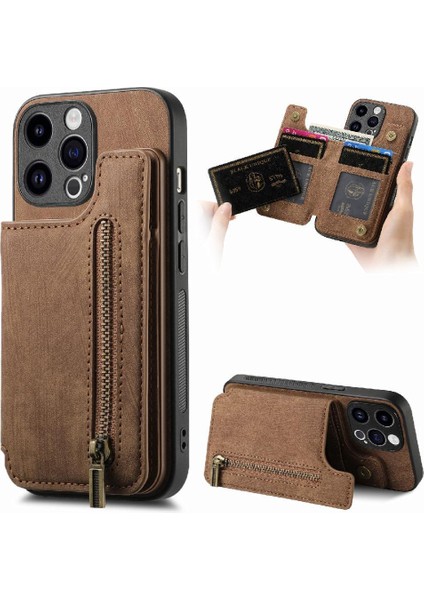 IPhone 15 Için Kılıf Pro Max Vintage Fermuar Cüzdan Standı Fonksiyonu Katlanabilir (Yurt Dışından)