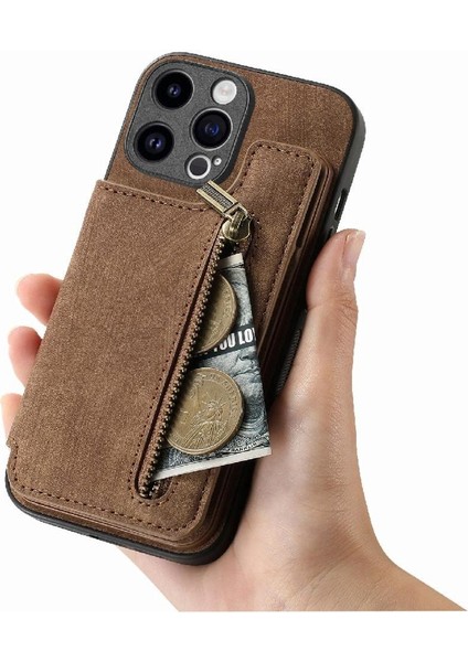 IPhone 15 Için Kılıf Pro Max Vintage Fermuar Cüzdan Standı Fonksiyonu Katlanabilir (Yurt Dışından)