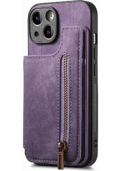IPhone 15 Için Kılıf Katlanabilir Arka Kapak Vintage Fermuar Cüzdan Standı Fonksiyonu (Yurt Dışından)