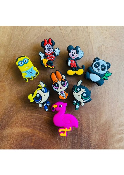 Jibbitz Terlik Süsü 8 Li Set,Powerpuff Girls,Minie Ve Mickey Mouse,Minion,Panda
