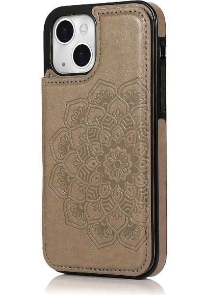 IPhone 14 Için Kart Tutucu Kılıf ile Cüzdan Çift Düğmeler Kabartmalı Mandala (Yurt Dışından)