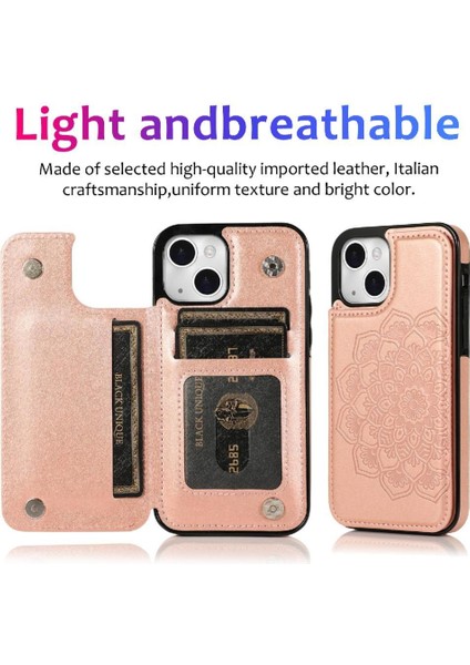 IPhone 14 Için Kart Tutucu Kılıf ile Cüzdan Çift Düğmeler Kabartmalı Mandala (Yurt Dışından) modelleri